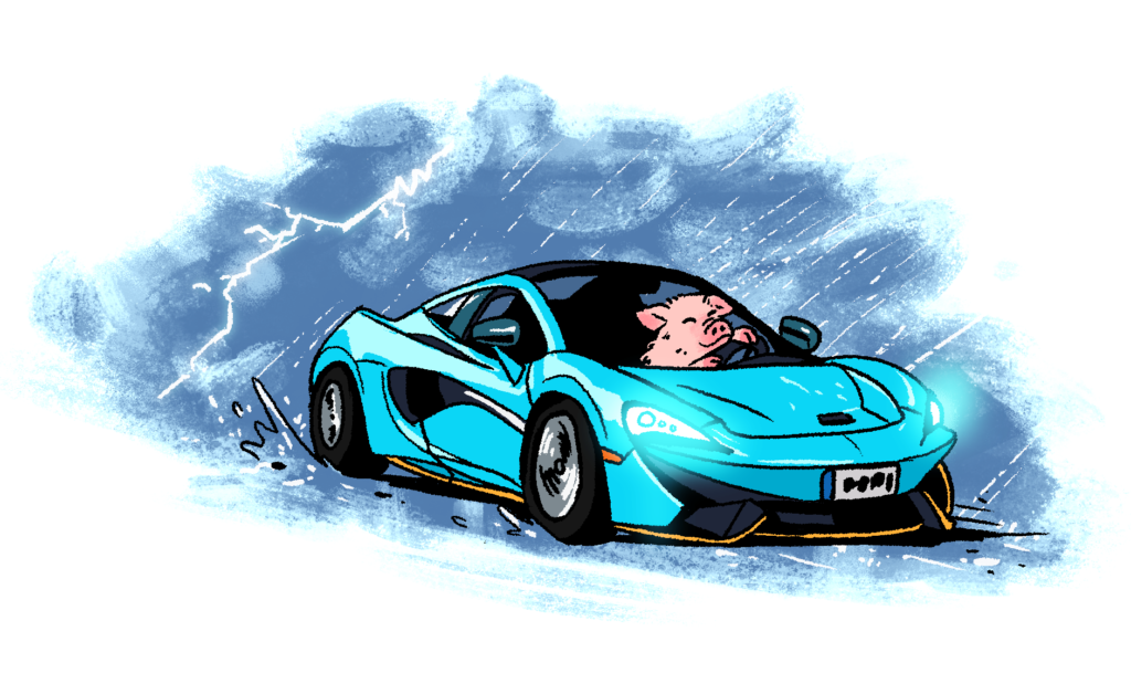 thunderstorm pig serene in the rain in his mclaren by spinetrick