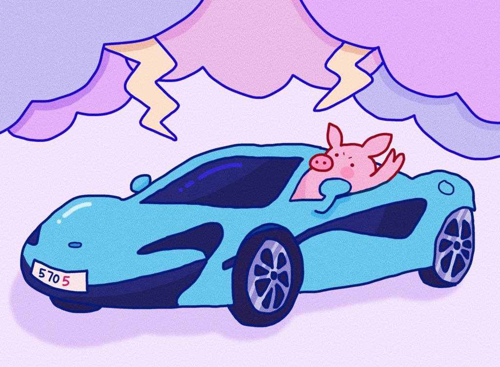 thunderstormpig in his smiley mclaren, in a cutesy storybook style of art