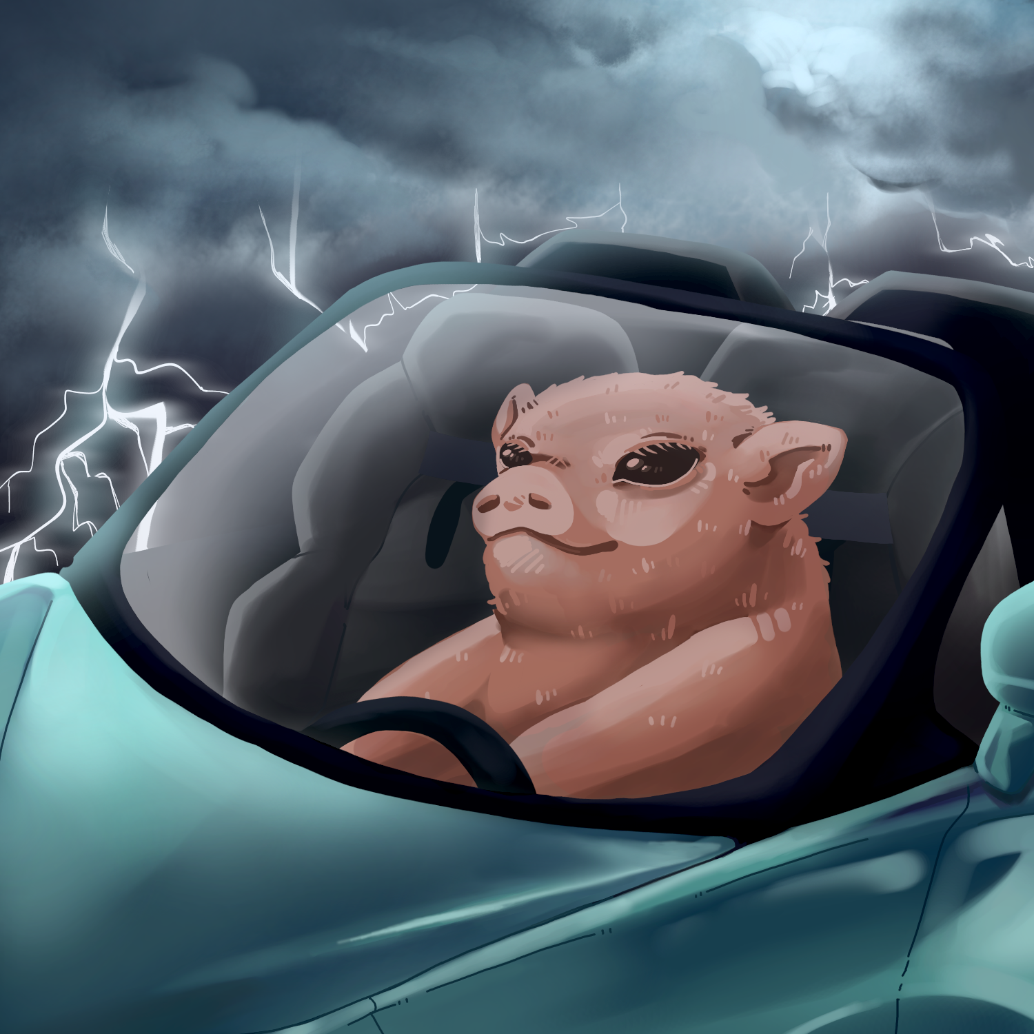 thunderstormpig in a mclaren 570s with a big smile on his cute piggy face