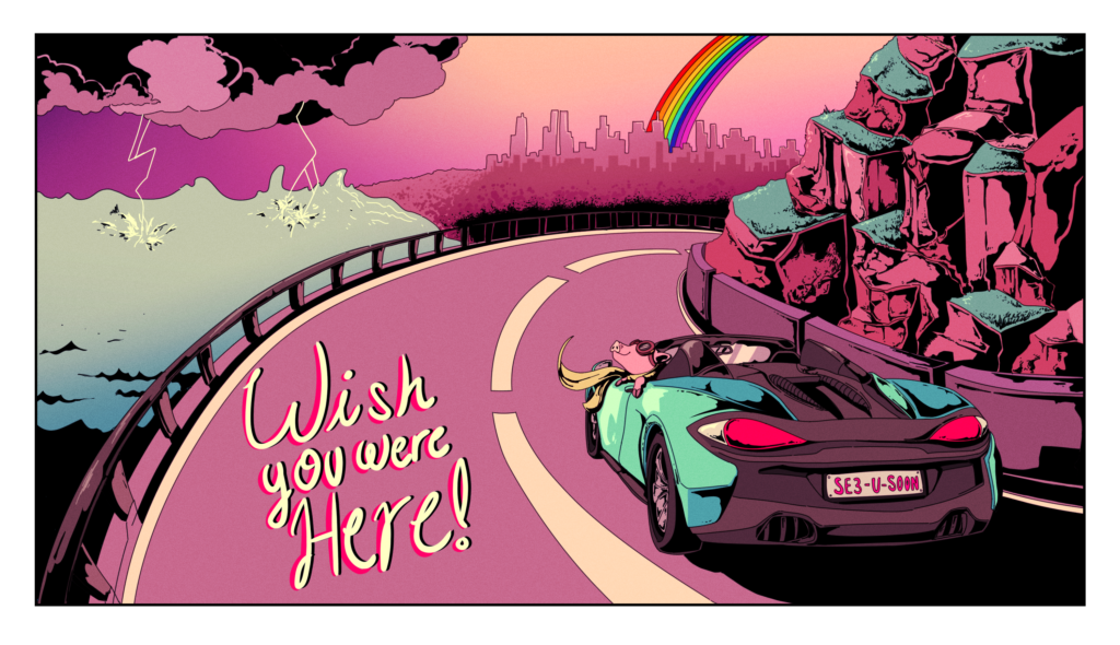 thunderstorm pig drives his aqua mclaren 570s spider convertible to rainbow city on a postcard